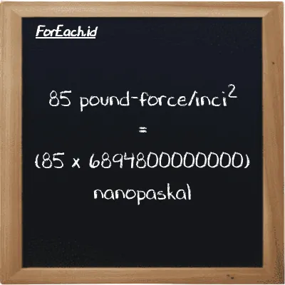 Cara konversi pound-force/inci<sup>2</sup> ke nanopaskal (lbf/in<sup>2</sup> ke nPa): 85 pound-force/inci<sup>2</sup> (lbf/in<sup>2</sup>) setara dengan 85 dikalikan dengan 6894800000000 nanopaskal (nPa)